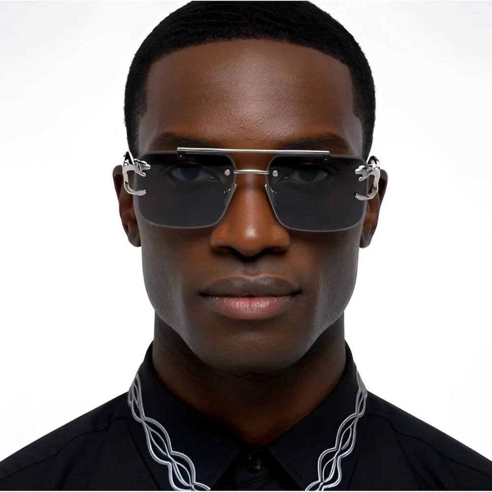 Rimless Rectangle Sunglasses Silver Frame Fashion Tinted Men Dark Black Lens New
